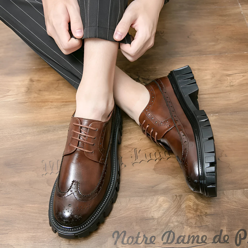Men's black and brown brogue business shoes with round toe and PU leather upper
