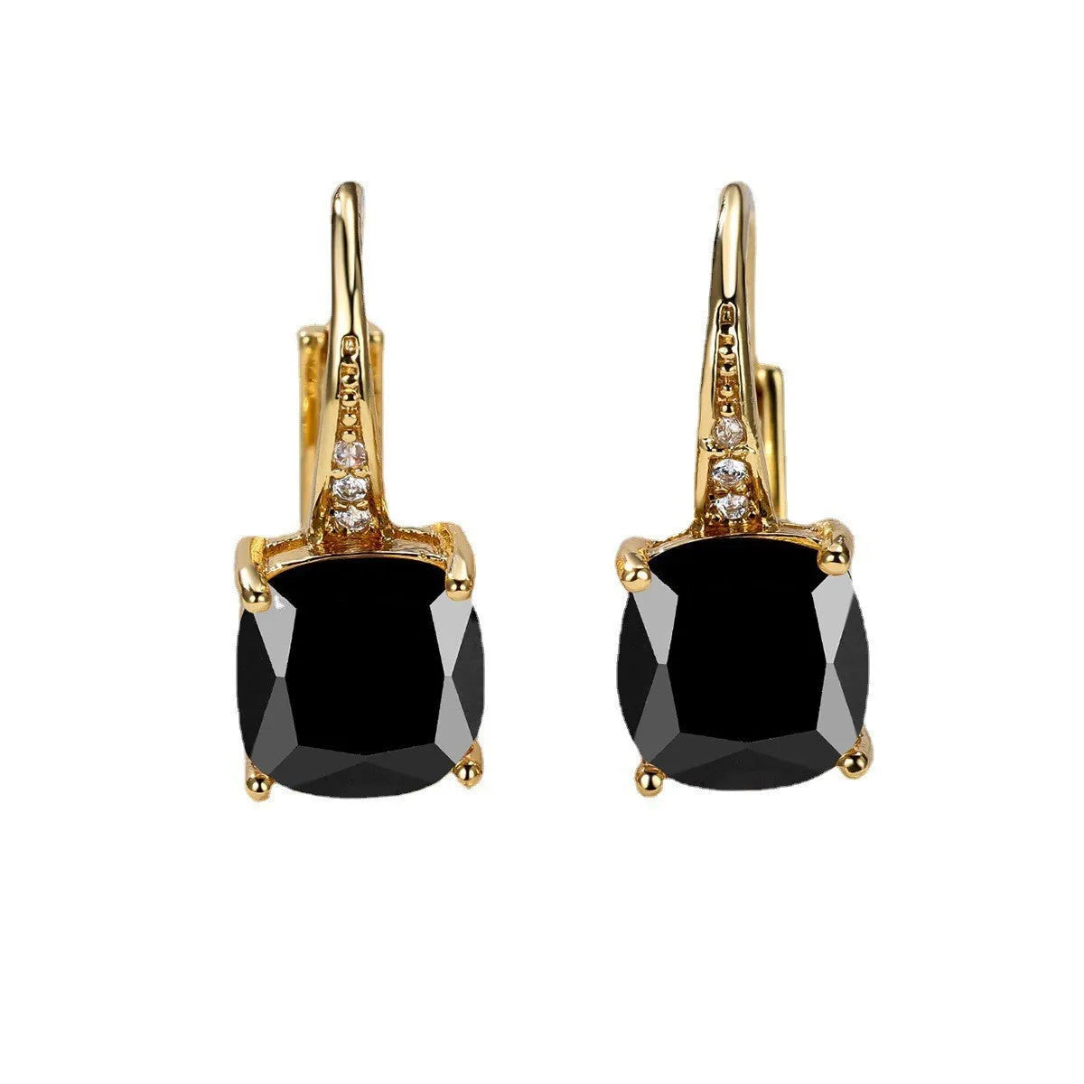 Square geometric ear hooks with round zircon inlays in gold, platinum, or rose gold finish