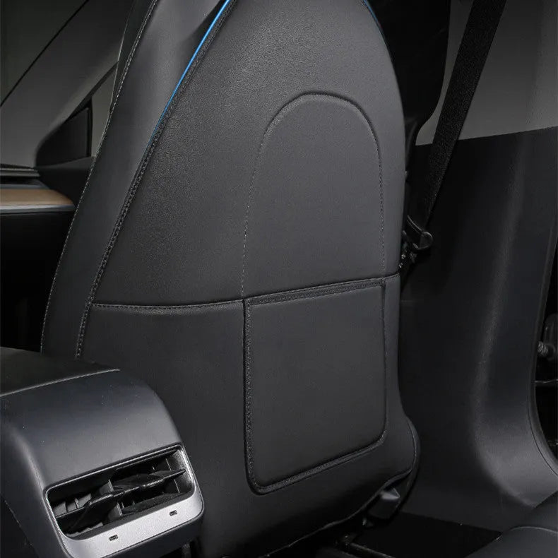 Black leather rear anti kick pad for car seats, measuring 68cm by 42cm.