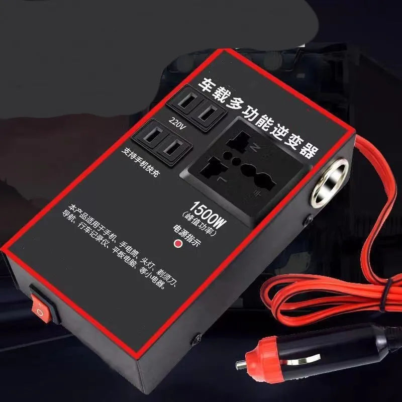 Black car power converter converting 12V/24V to 220V with socket and USB ports