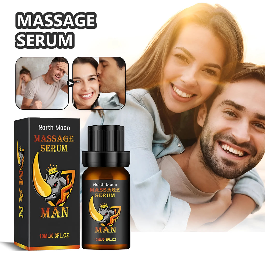 A 10ml glass bottle of men's endurance and vitality massage essential oil.