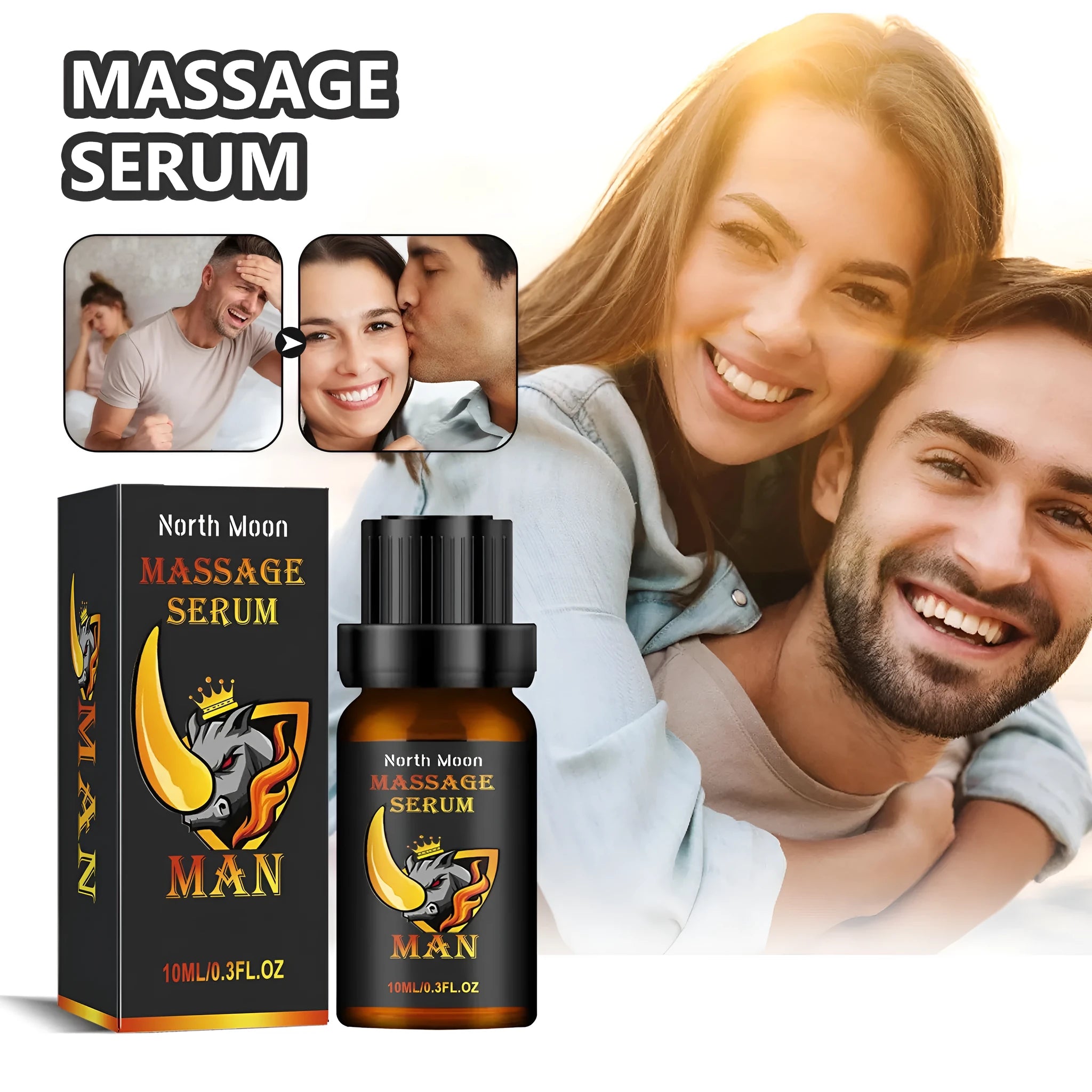 A 10ml glass bottle of men's endurance and vitality massage essential oil.