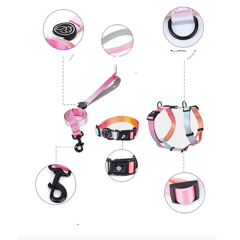 Adjustable polyester dog harness with gradient colour chest strap in scenic design