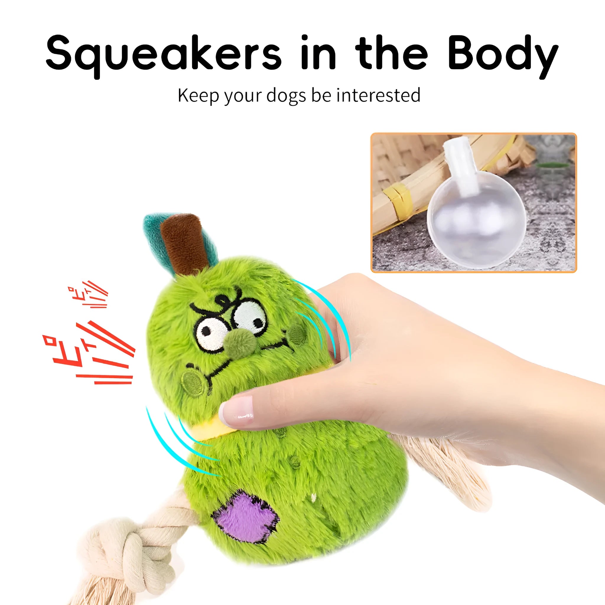 Green and purple interactive plush rope knot dog toy with molar tooth texture for tug of war and chewing.