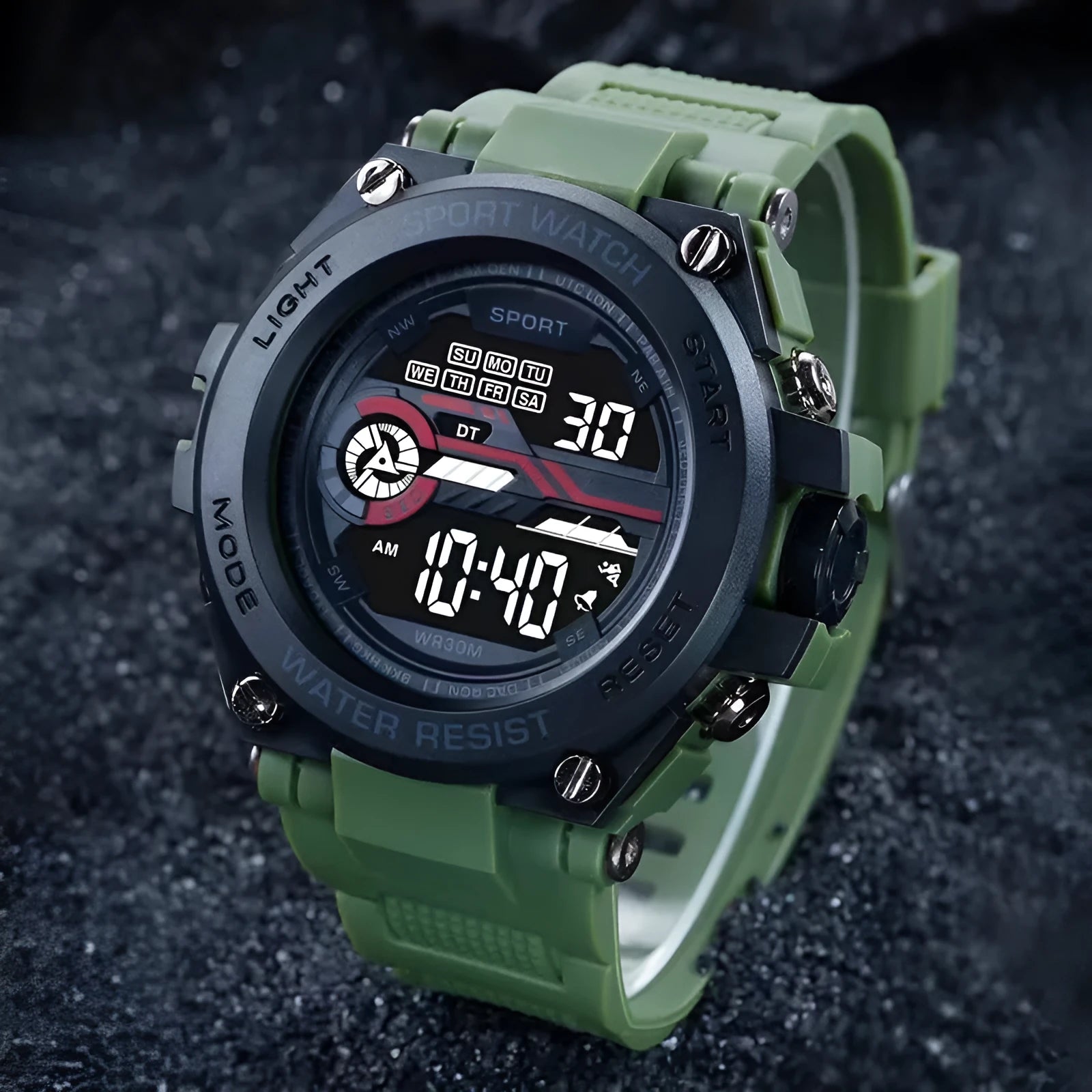 Digital electronic watch with a silicone strap shown in multiple colour options for teenagers and students.