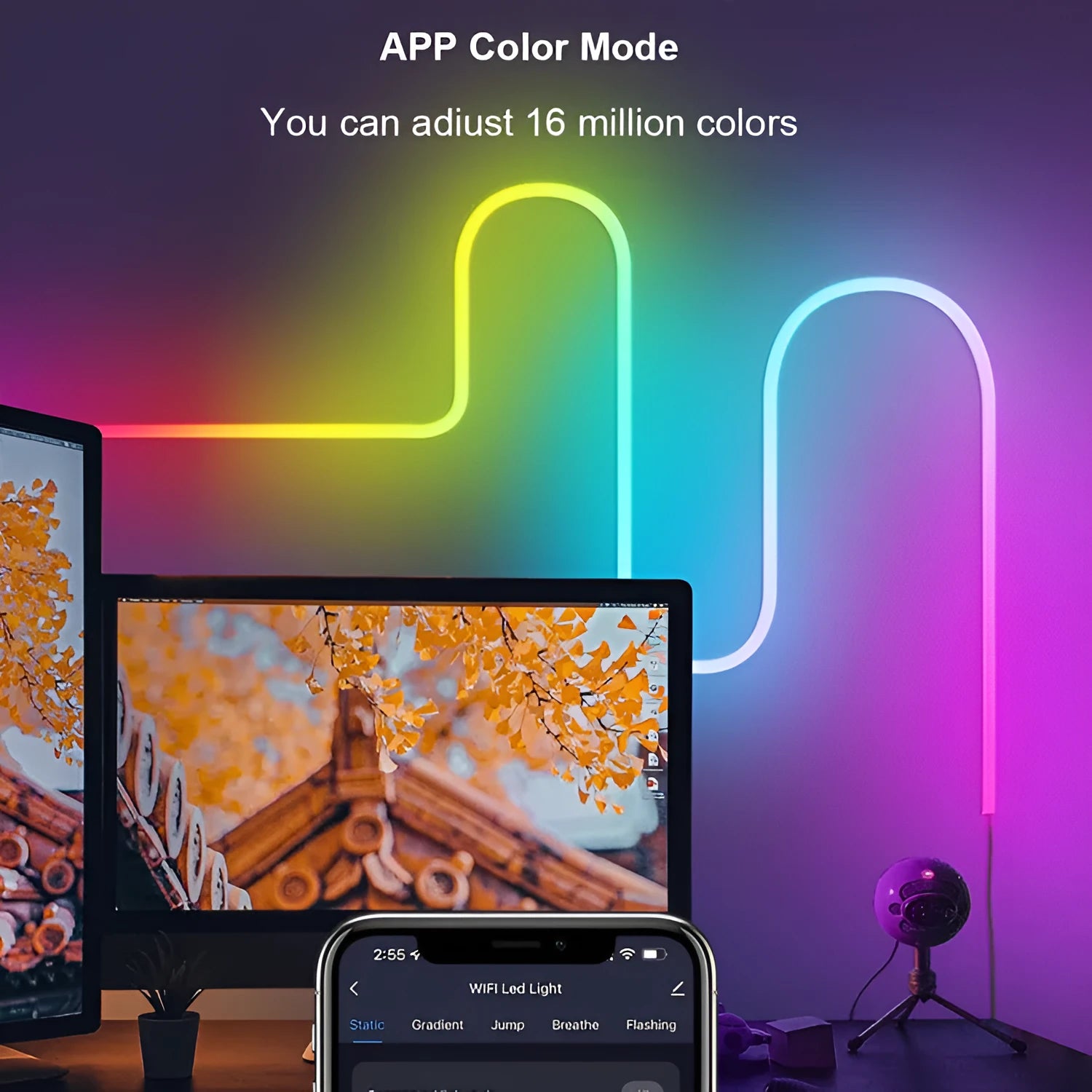 3 metre long RGB neon light strip with remote control showing colour-changing LEDs