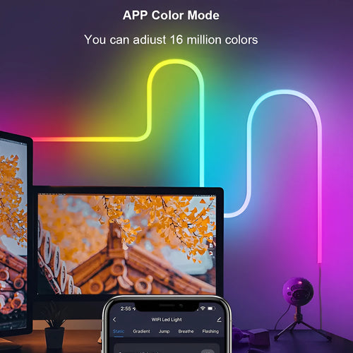3 metre long RGB neon light strip with remote control showing colour-changing LEDs