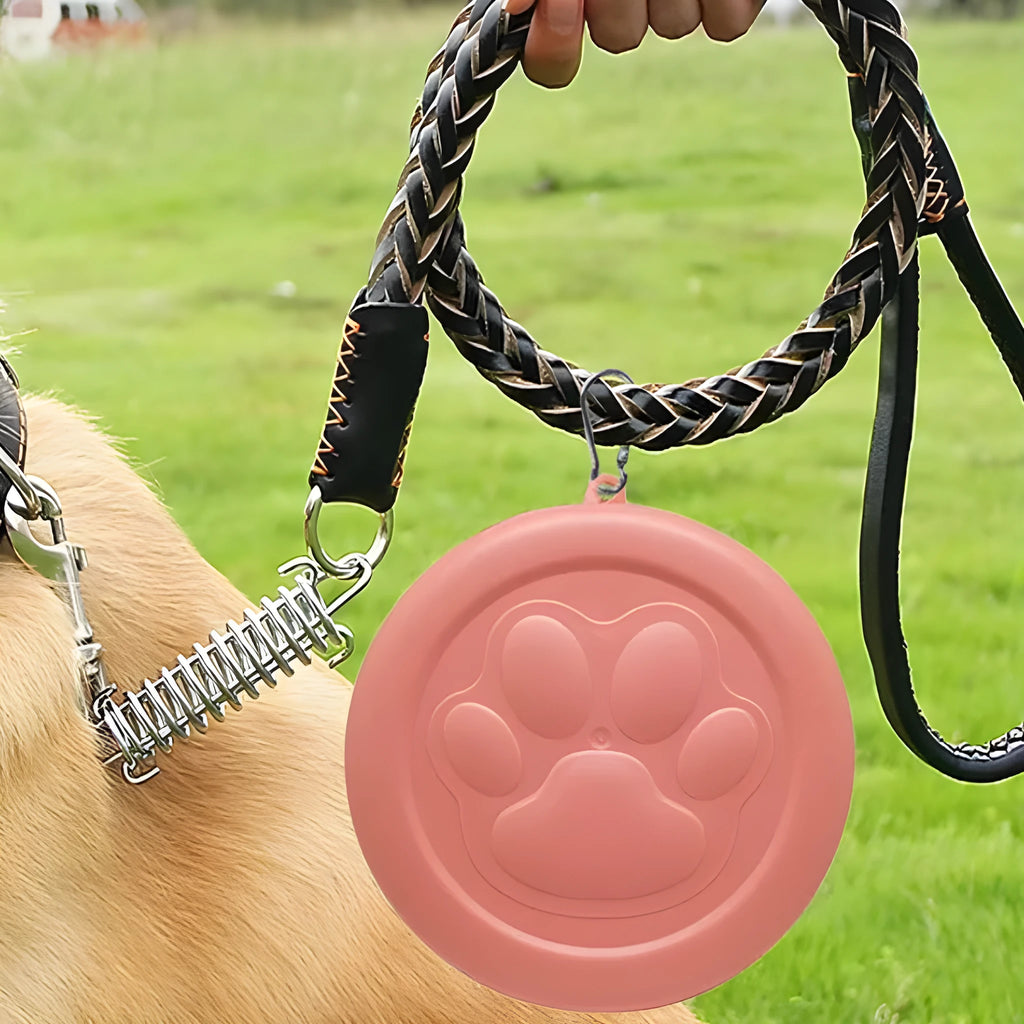 Collapsible portable dog bowl in light pink and green colour options showing folded and unfolded positions