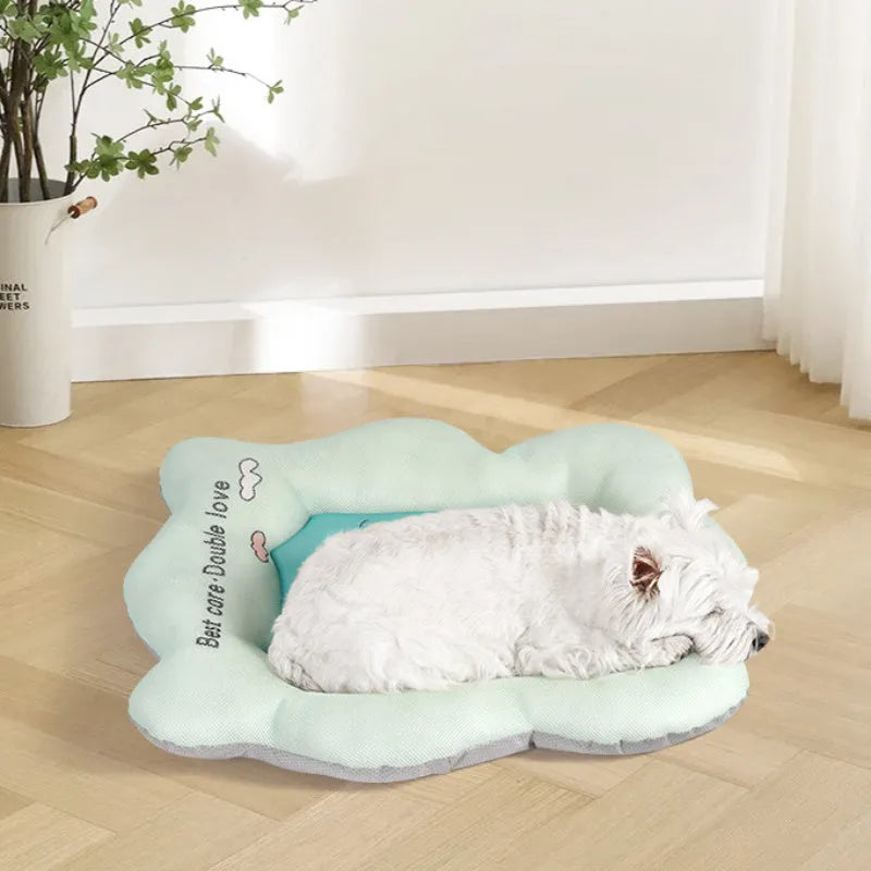 Green pet cooling mat for dogs and cats showing cold gel core technology and size dimensions