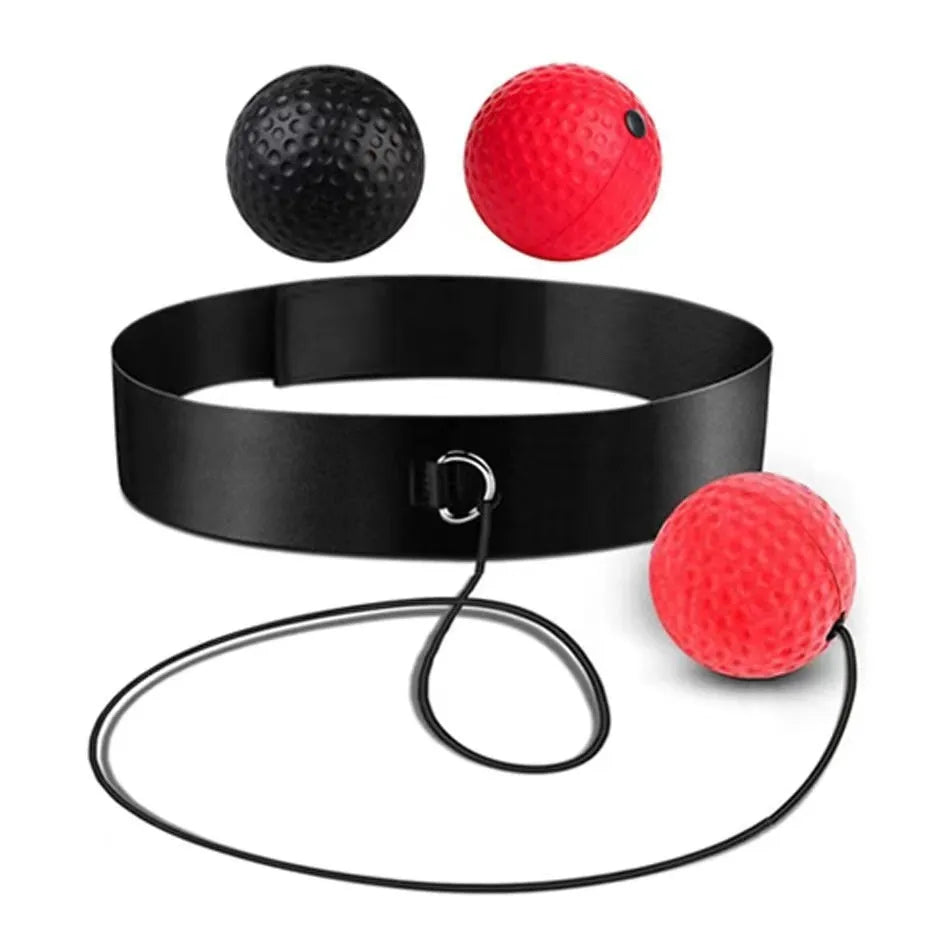 Head-mounted boxing reaction training ball set showing multiple coloured balls and adjustable headbands.