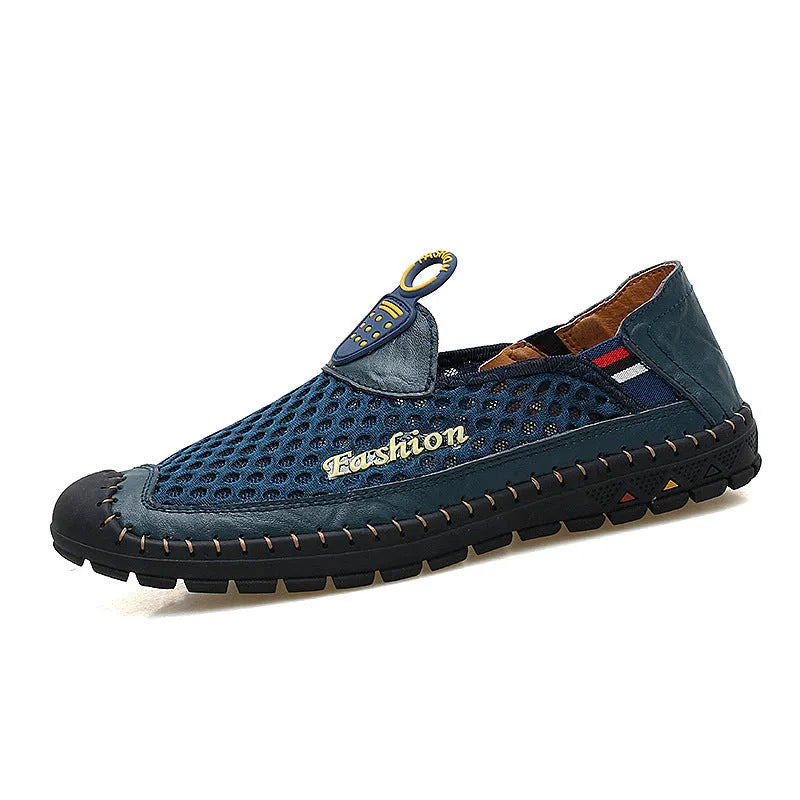 Men's brown casual shoes with mesh fabric upper and rubber sole