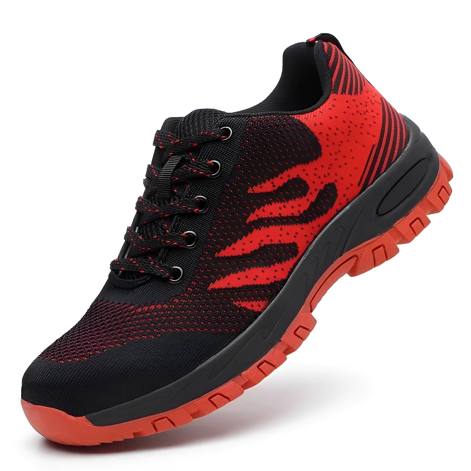 Red safety shoes with steel toe cap and breathable mesh upper, low-top design