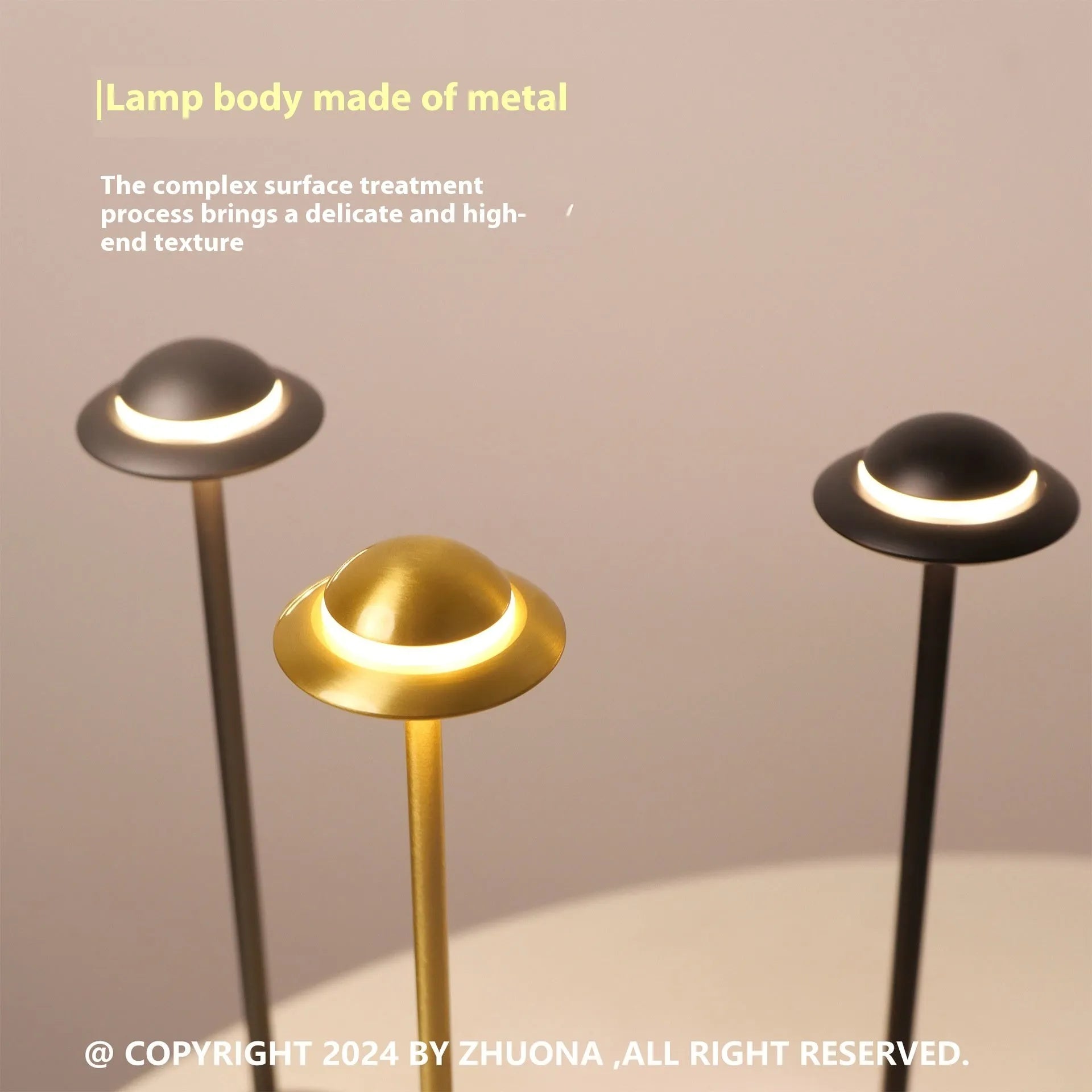 Modern UFO-shaped metal table lamp with touch controls in black, gold, or grey colour options