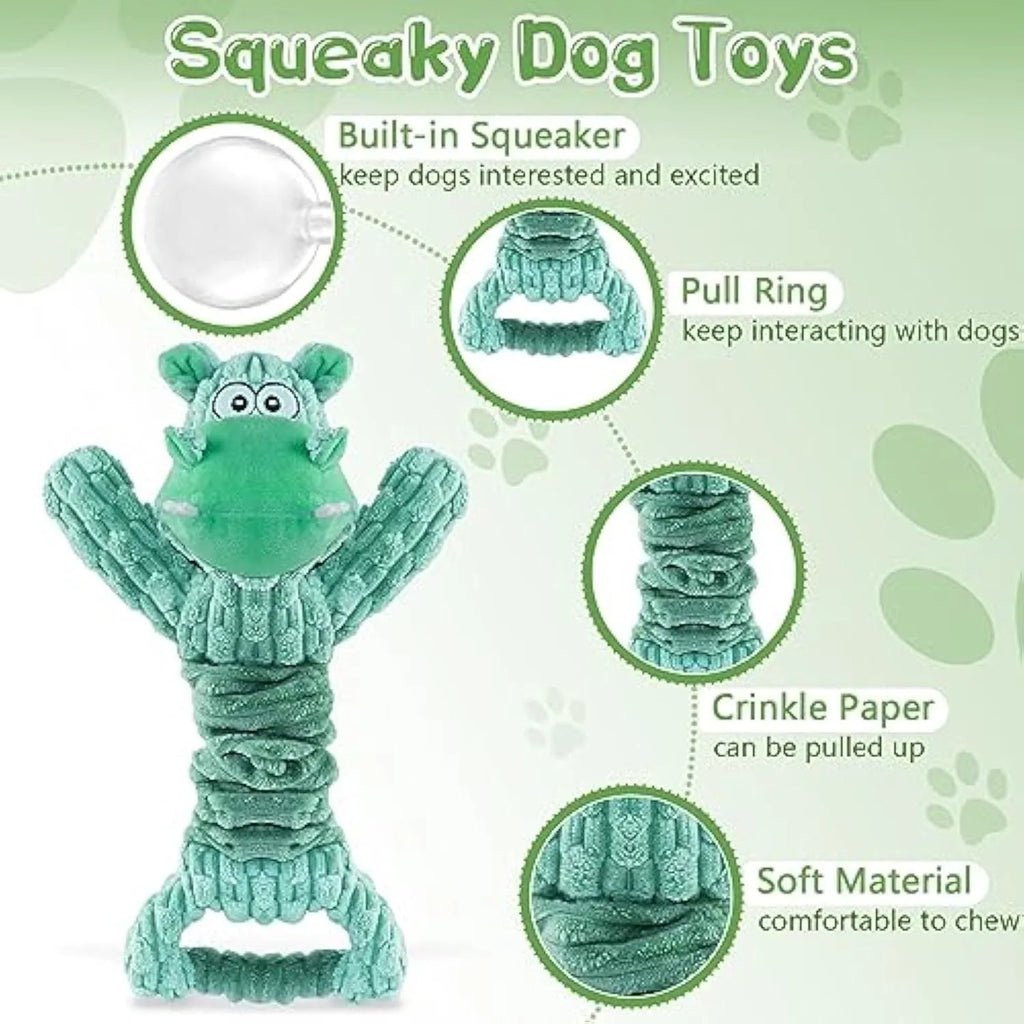 Large plush dog toy with handle, showing Hippo or Monkey design, for squeaky and crinkle interactive play