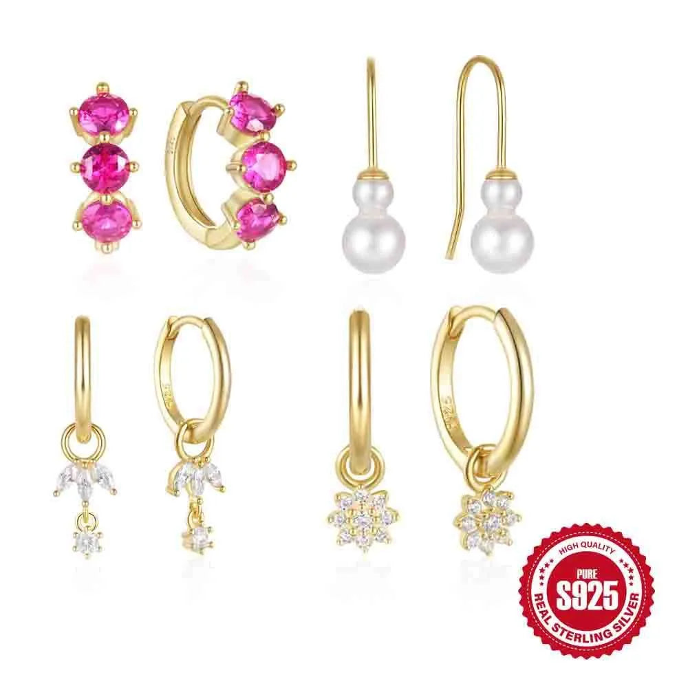A pair of S925 sterling silver geometric earrings featuring a sunflower design with inlaid golden zircon stones.