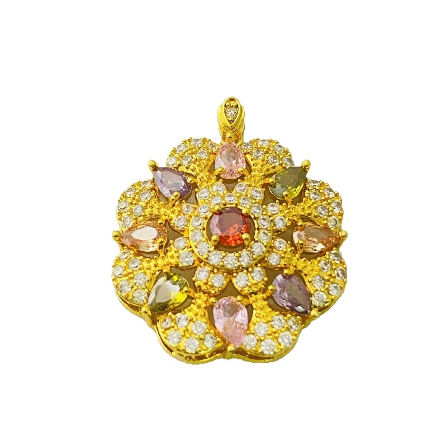Women's colourful zircon floral pendant necklace showing gold, champagne gold and platinum colour options