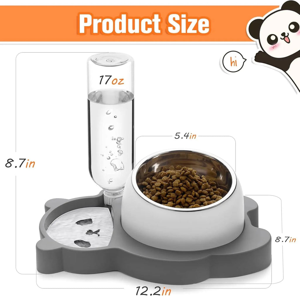 Grey and green panda-shaped automatic water dispenser with tilted stainless steel pet bowls.