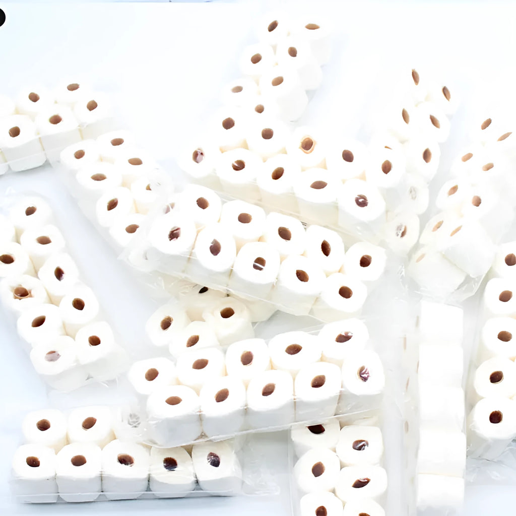 Miniature paper model of a toilet tissue roll for children's pretend play toys.