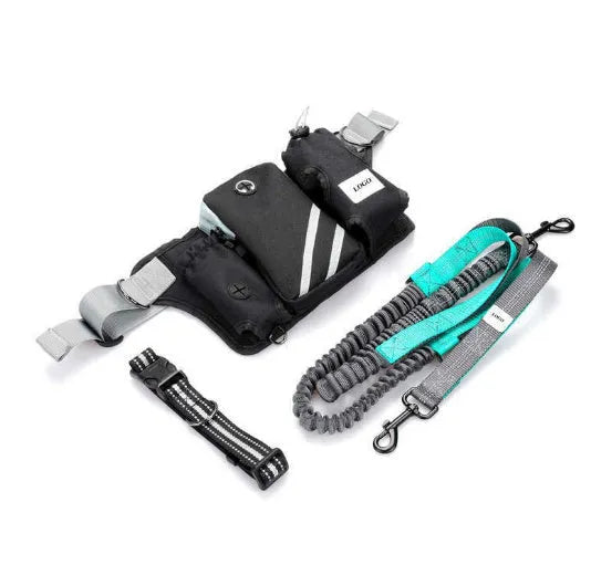 Black outdoor waist bag with dog leash and collar set for hands-free pet walking