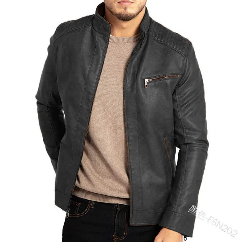 Man wearing a brown artificial leather punk-style motorcycle jacket with a stand collar.