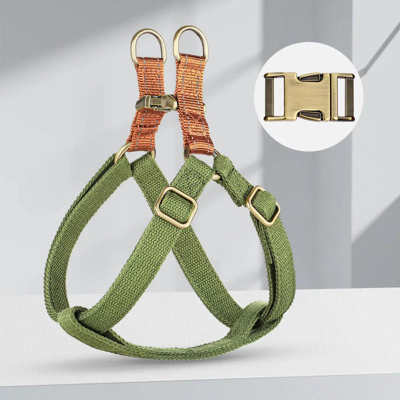 Brown vest-style anti-loss dog leash with cotton belt and nylon lead attached via alloy fastener