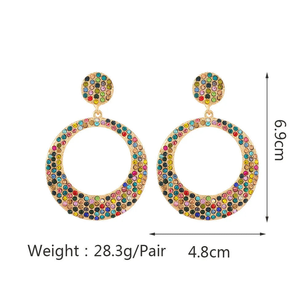 Women's metal alloy cartoon-style large pendant earrings with colourful diamond accents measuring 4-5cm