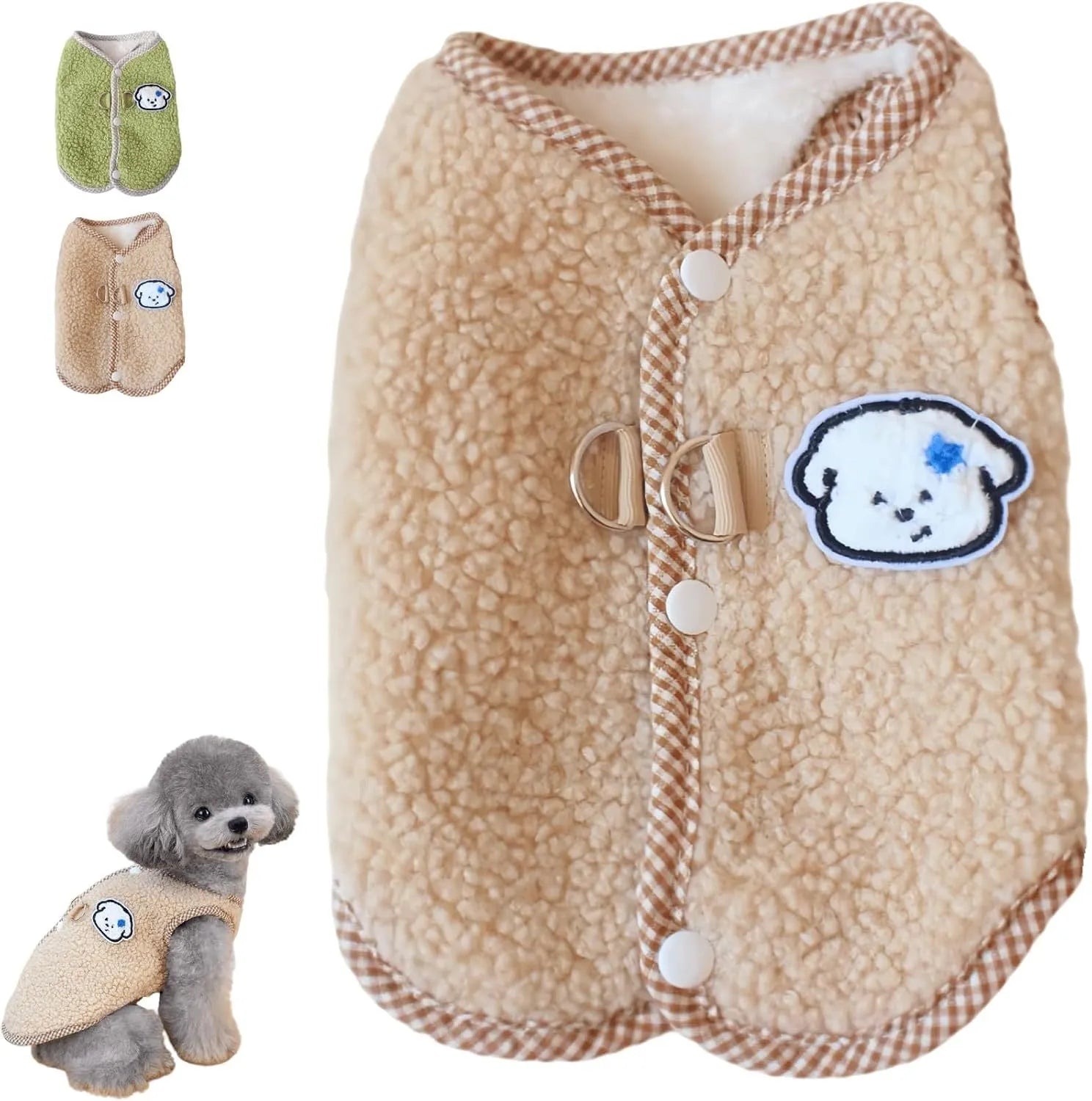 Green dog sweatshirt vest with coral fleece lining and leash ring for small pets
