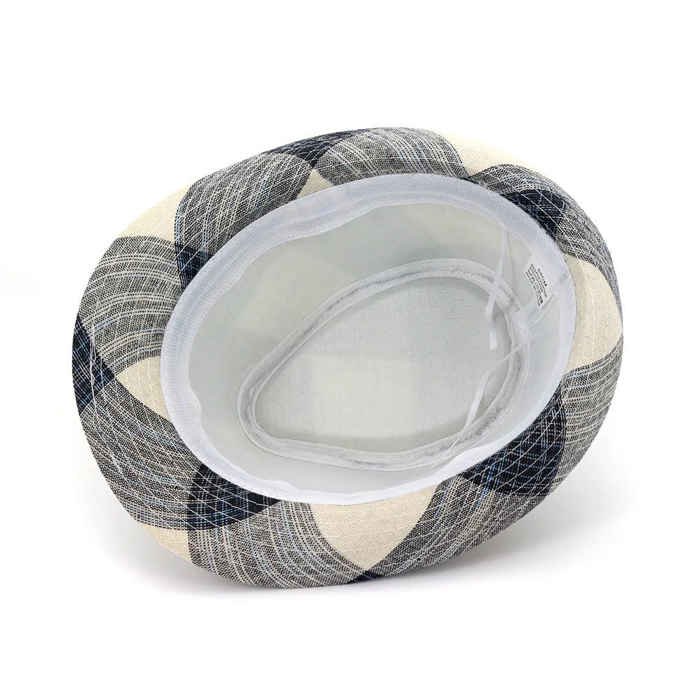 Casual blue polyester straw sun hat with a bell crown on a neutral background.