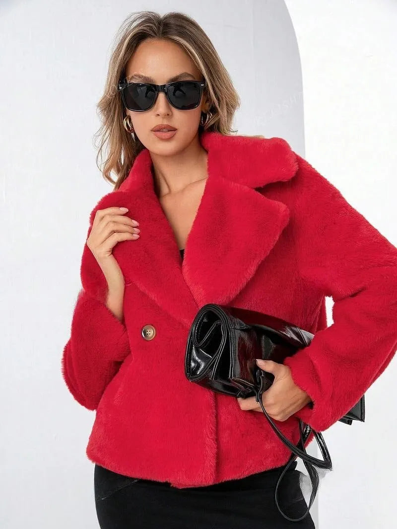 Rose red women's short faux fur coat with a loose fit and regular sleeves on a hanger.