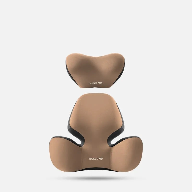 Black and grey memory foam car seat lumbar support pillow and matching headrest cushion on a car seat