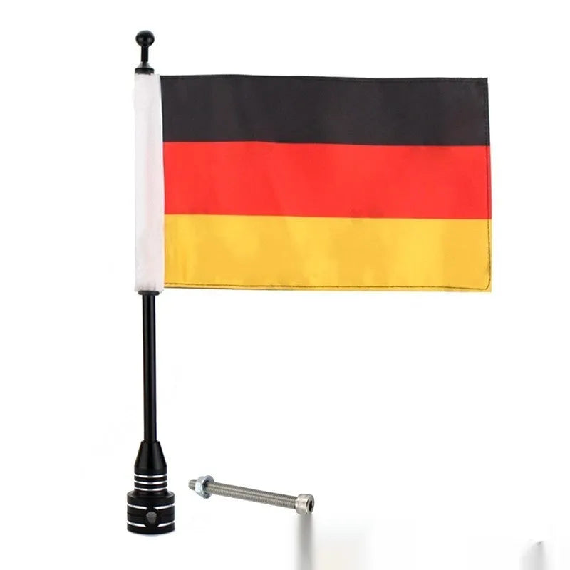 Motorcycle side box flagpole mounting bracket with German flagpole styling and electroplated finish
