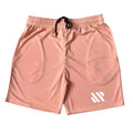 Metal silk fabric sports shorts in loose running style on a hanger, shown in army green colour.