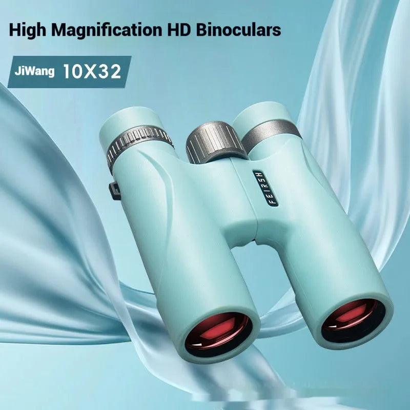 Compact wine red finish binoculars with 10x32 magnification shown in grey and blue colour options