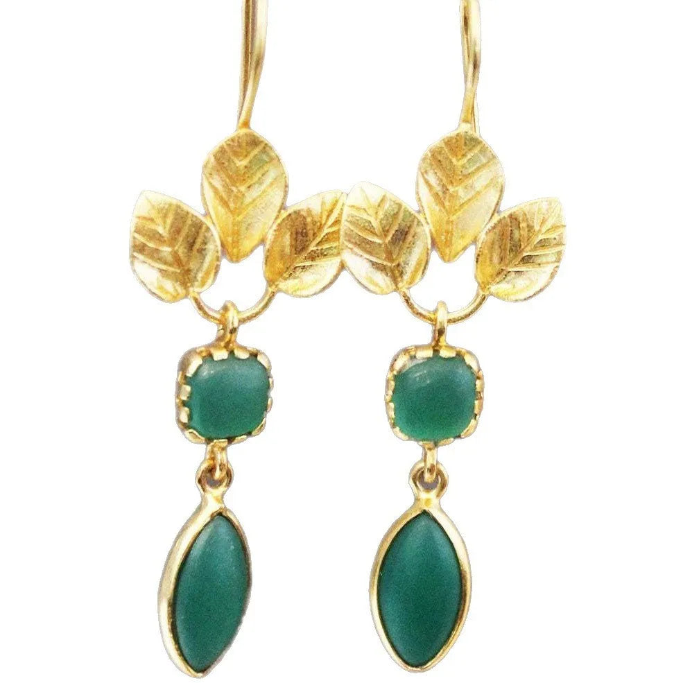 Gold retro drop earrings with French leaf and tassel charms and a central water drop zircon stone.