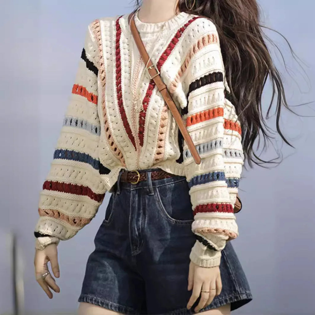Retro rainbow striped loose pullover sweater with batwing sleeves in Japanese-Korean casual style