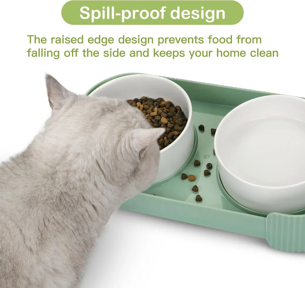 Green and white ceramic elevated cat bowls on a tilted stand for food and water.