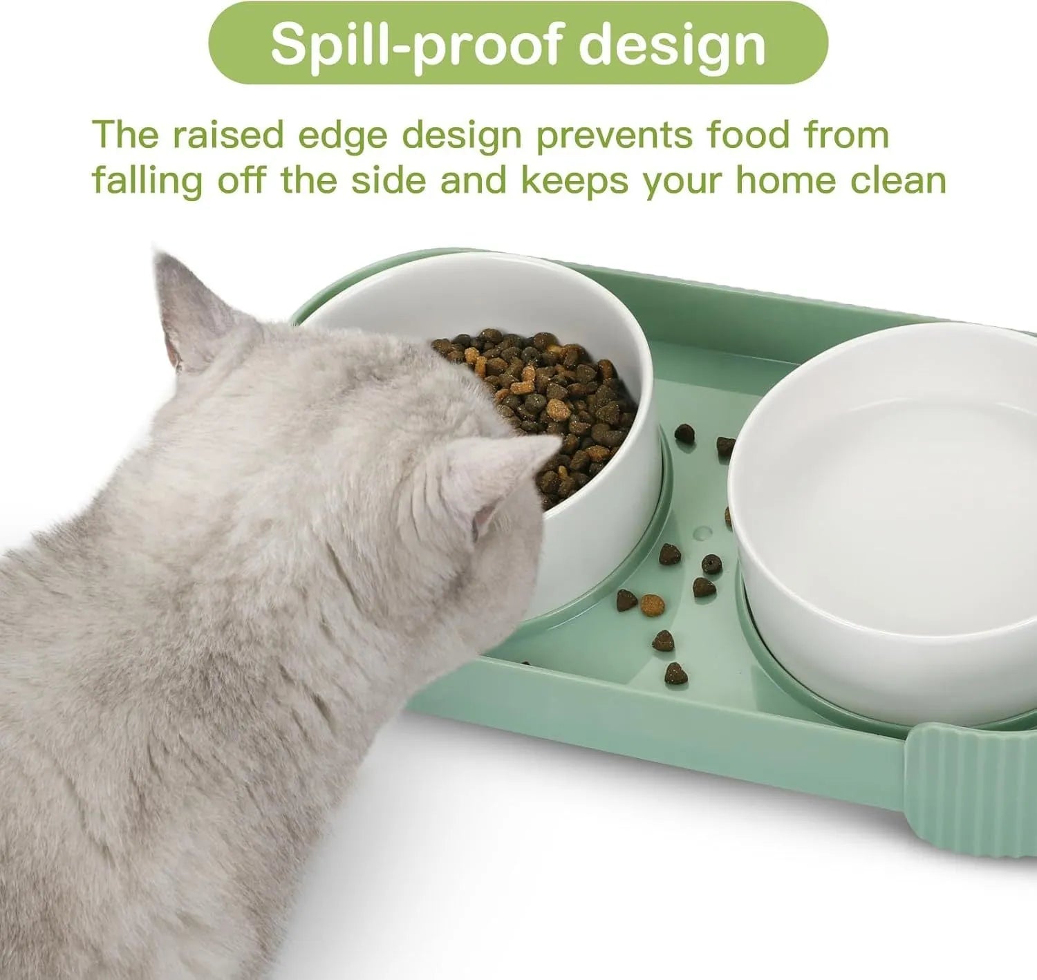 Green and white ceramic elevated cat bowls on a tilted stand for food and water.