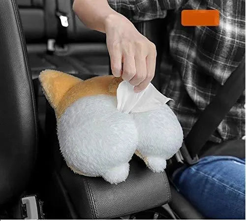 Yellow soft corgi butt shaped tissue box cover with elastic strap for car sun visor.