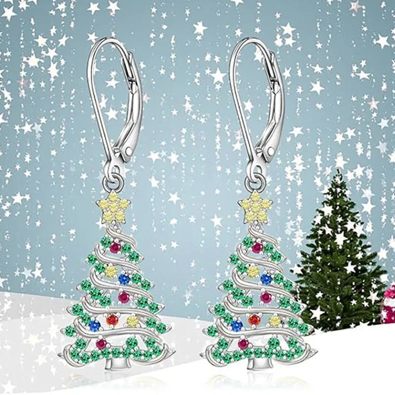 Christmas tree earrings for women with white gold colour finish and star design
