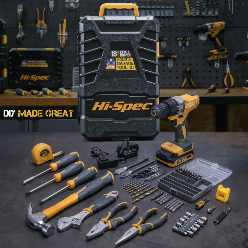 Grey yellow US style tool kit case open to show 82 pieces of chrome-vanadium steel hardware.