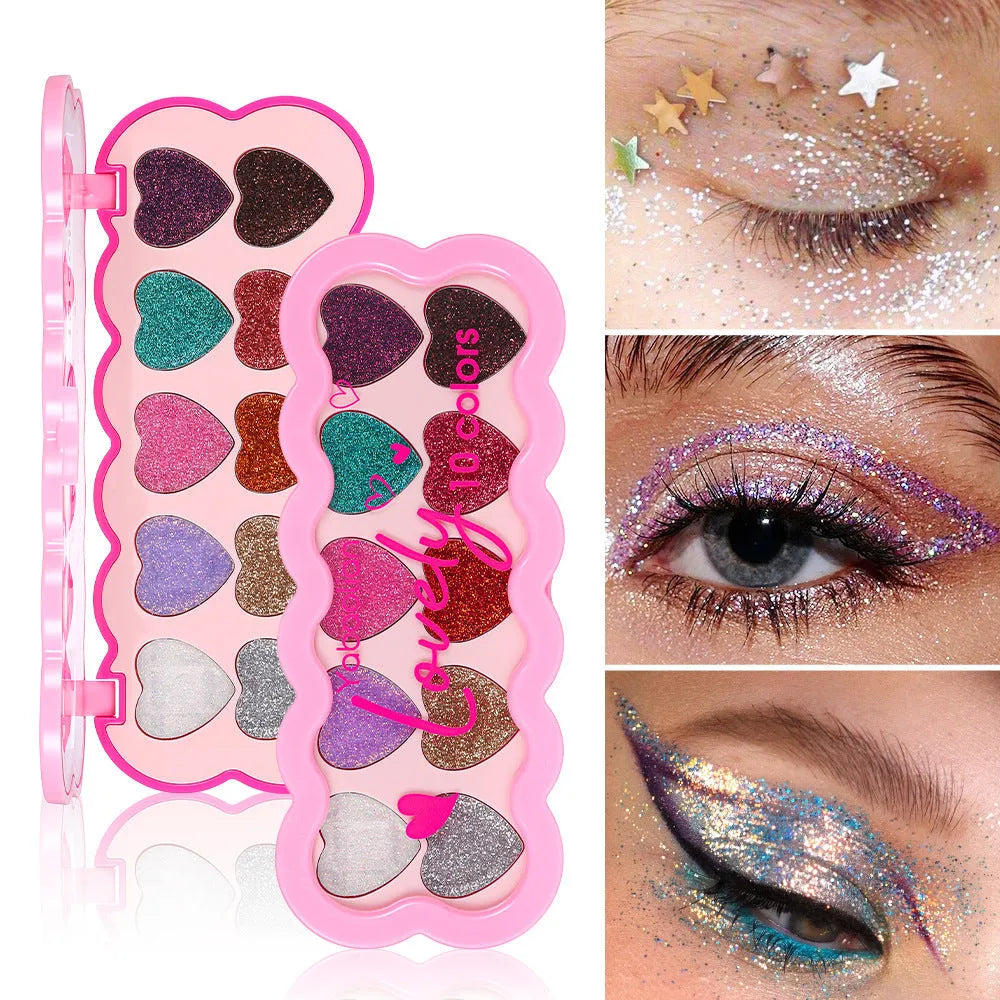 Pearlescent Heart ten-color sequins eye shadow palette showing shades of white, beige, pink, purple, brown, blue, black, royal blue, maroon, and coral.