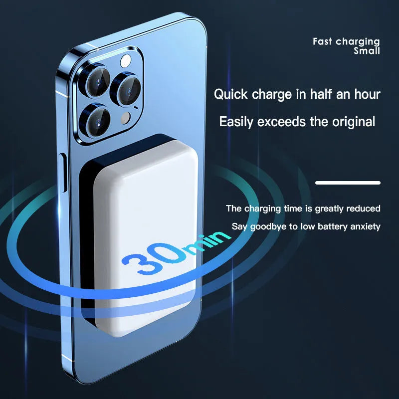 Magnetic wireless power bank in pink, purple or white with 20000mAh capacity and 20W output
