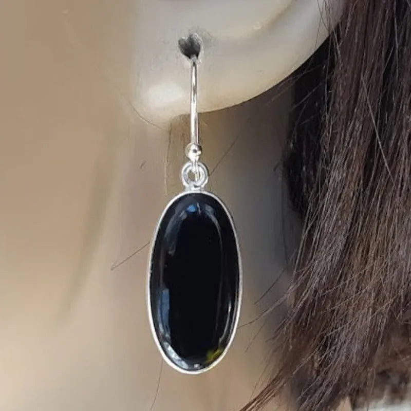 Black agate pendant women's earrings with geometric Chinese design and 925 silver electroplated finish