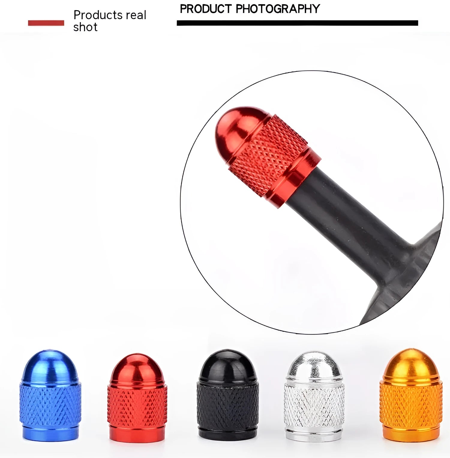 Aluminium alloy mountain bike tyre valve cap in choice of five metallic colours.
