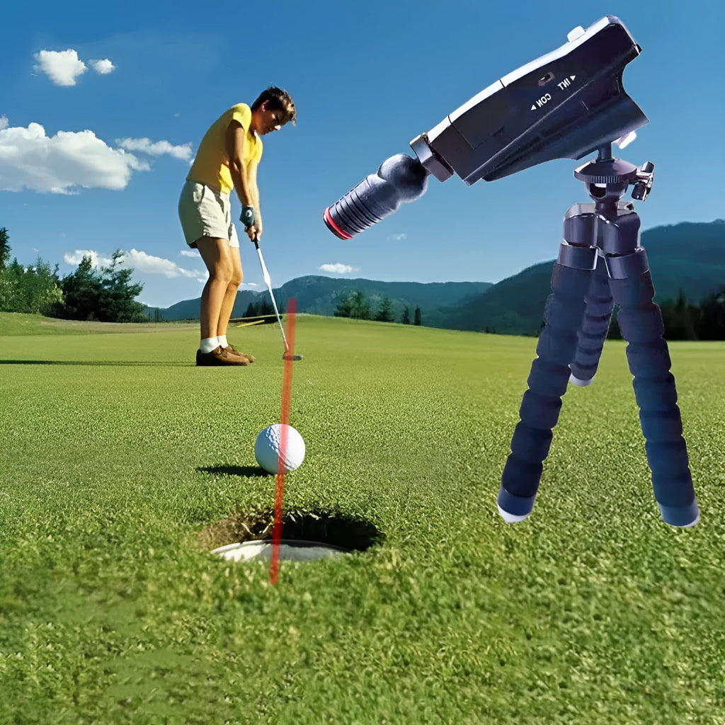 Golf putter laser aiming instrument showing four style configurations with laser sight, zipper box, and tripod accessories
