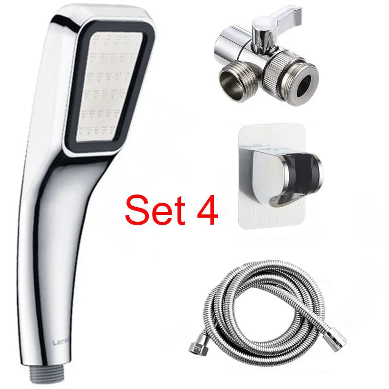 Hand-held pressurised rain shower head in orange and seven set configurations