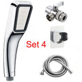Hand-held pressurised rain shower head in orange and seven set configurations