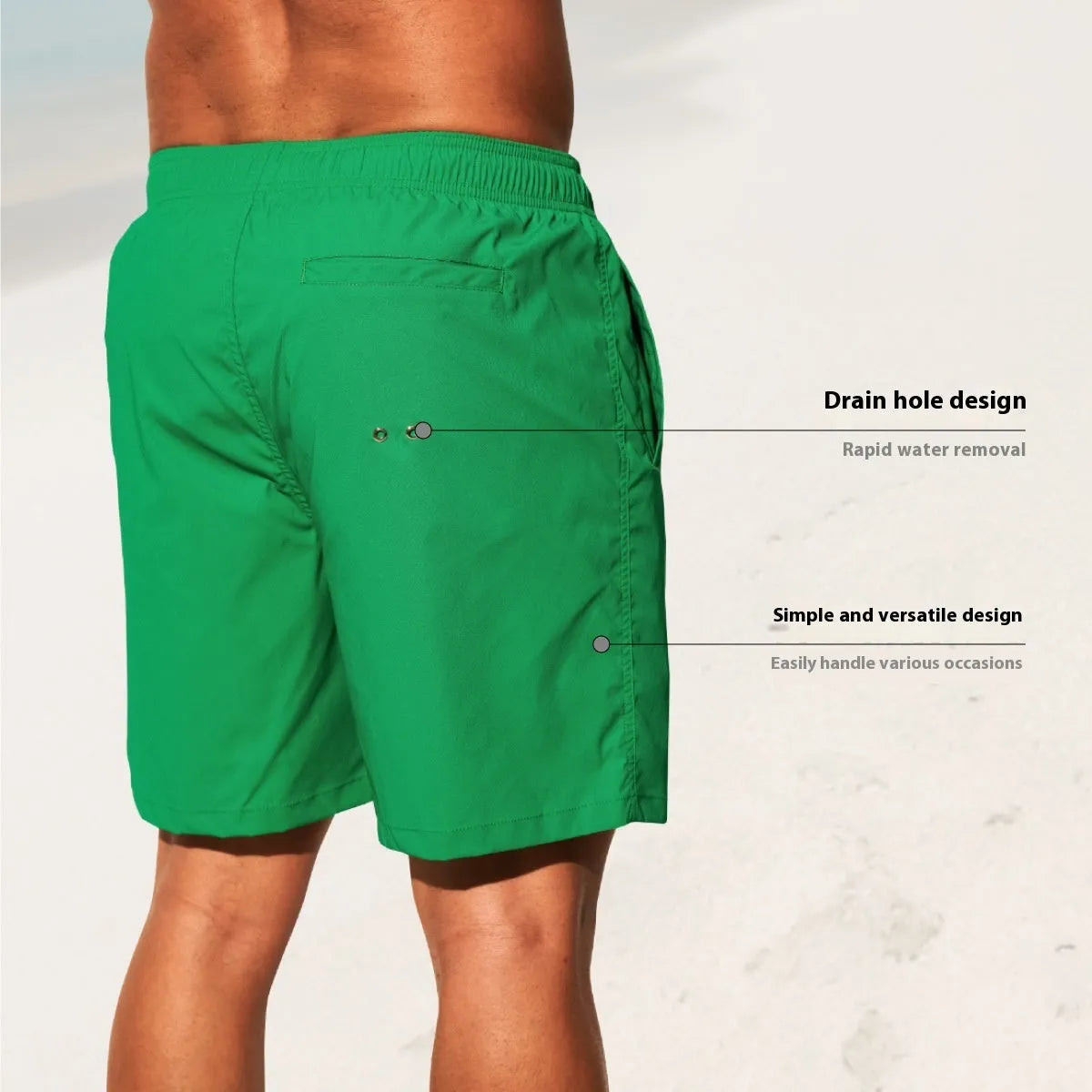 Men's nylon sports shorts in solid colours with straight leg opening and elastic waistband