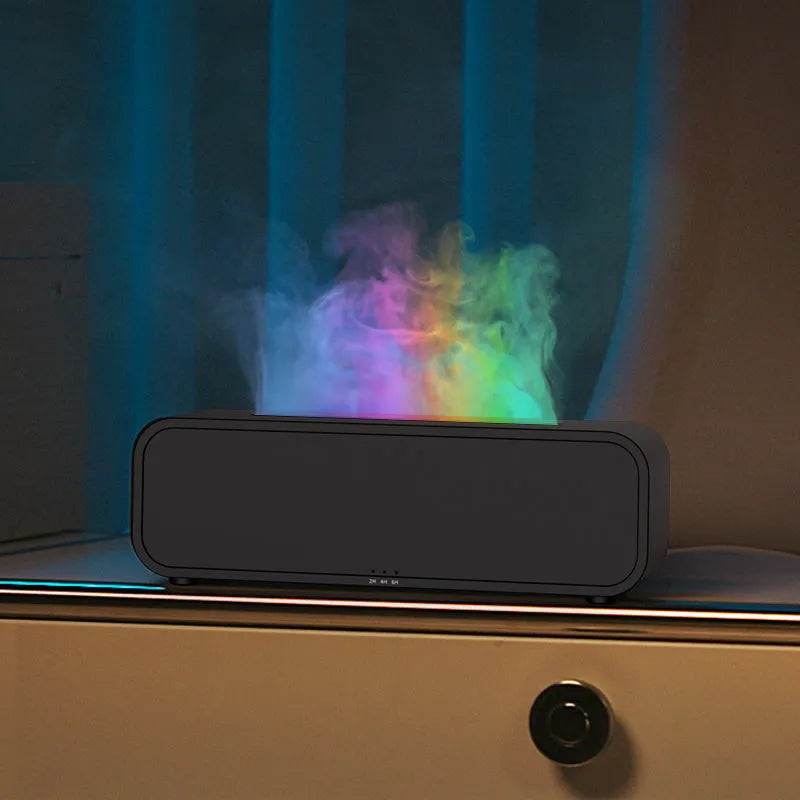 Black and white USB aroma diffuser with remote control and colour-changing LED lights