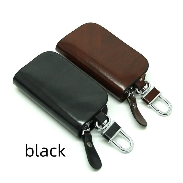 Black frosted genuine leather car key case showing inner compartment dimensions